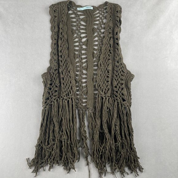 Maurices Vest Wmns M Olive Green Crochet Knit Fringe Boho Open Front Wanderlust - Picture 1 of 6
